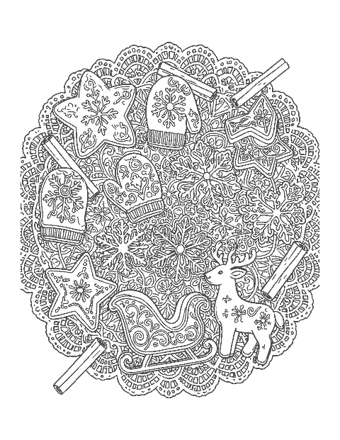 Line drawing of decorated gingerbread cookies of many shapes on a lace doily