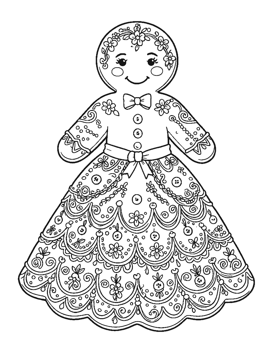Line drawing of a gingerbread girl cookie decorated with a lacy piped icing dress and braids