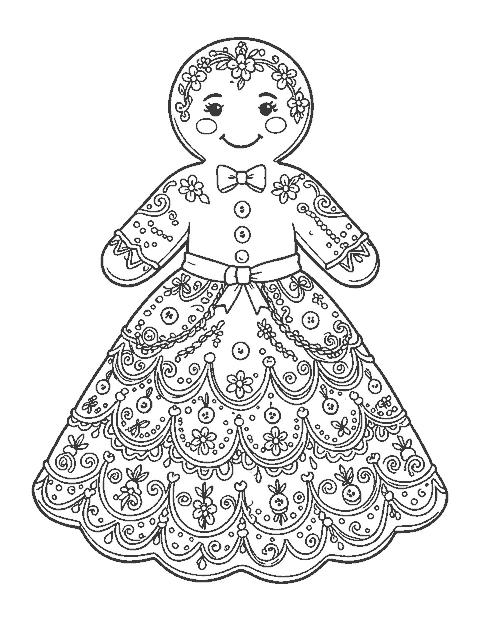 Line drawing of a gingerbread girl cookie decorated with a lacy piped icing dress and braids