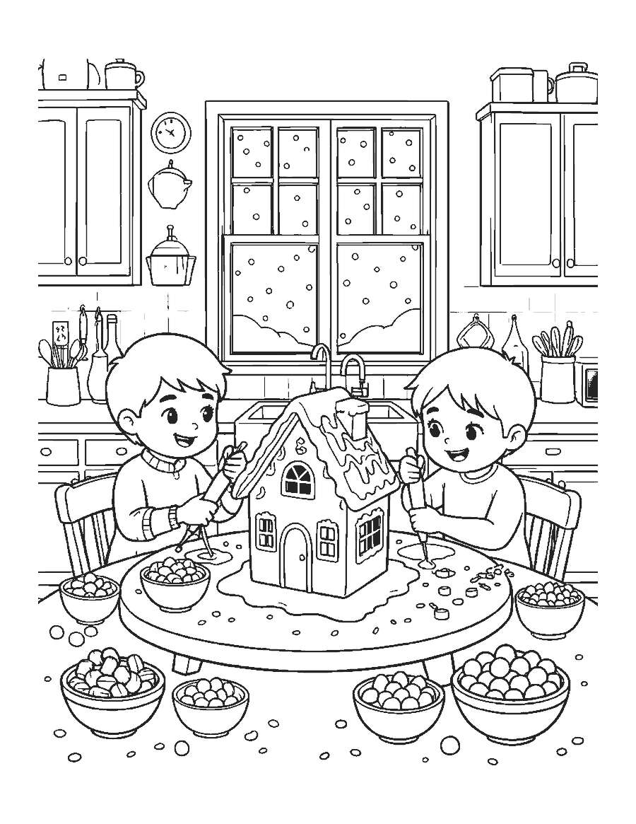 Line drawing of two children piping icing on a gingerbread house at a table
