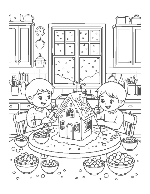 Line drawing of two children piping icing on a gingerbread house at a table
