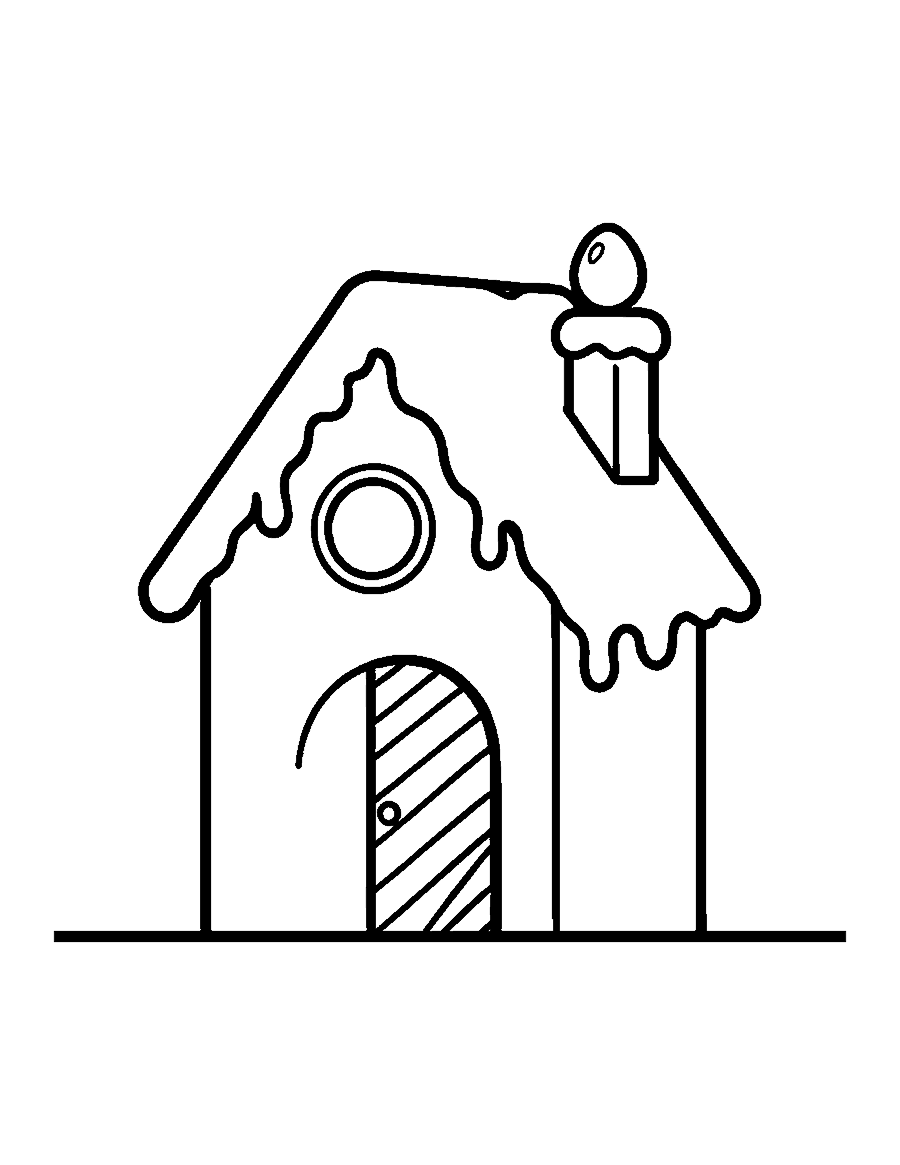 Line drawing of a small gingerbread house with icing, a gumdrop and a candy door