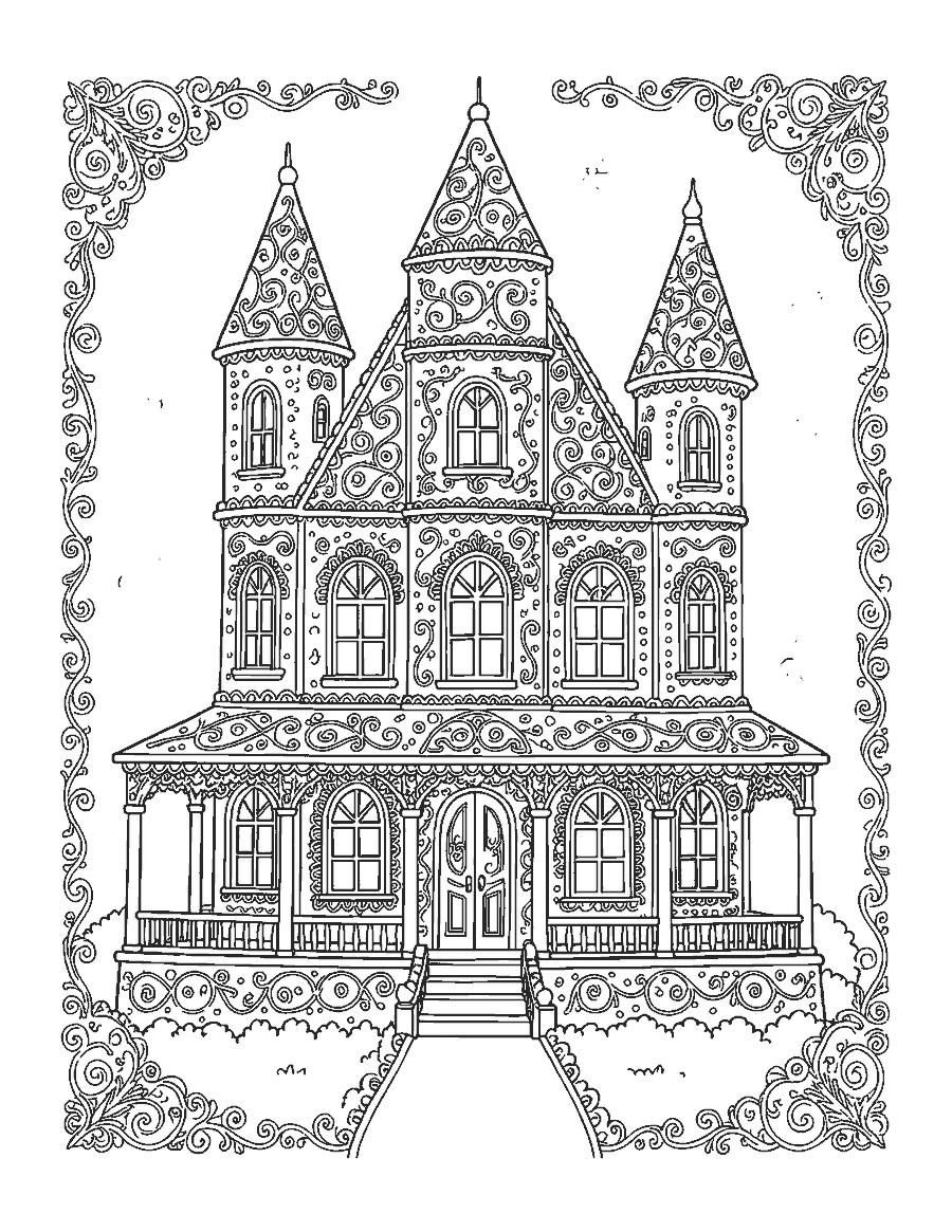 Line drawing of a tall gingerbread mansion covered in detailed icing lace