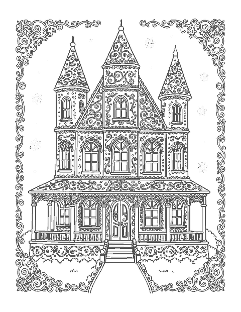 Line drawing of a tall gingerbread mansion covered in detailed icing lace