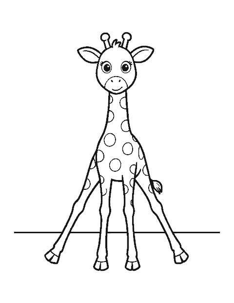 Line drawing of a baby giraffe standing on long wobbly legs
