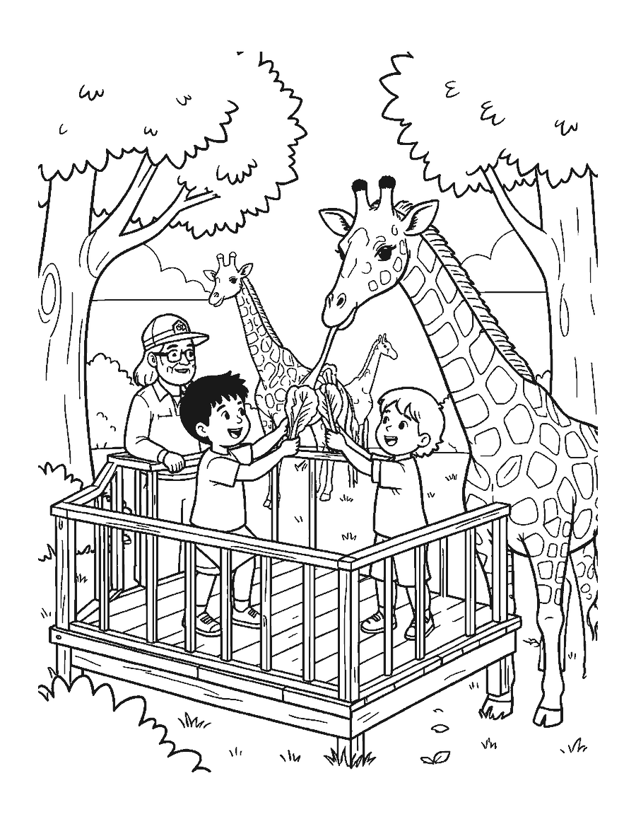 Line drawing of children on a wooden platform feeding lettuce to a giraffe