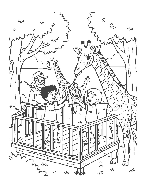 Line drawing of children on a wooden platform feeding lettuce to a giraffe