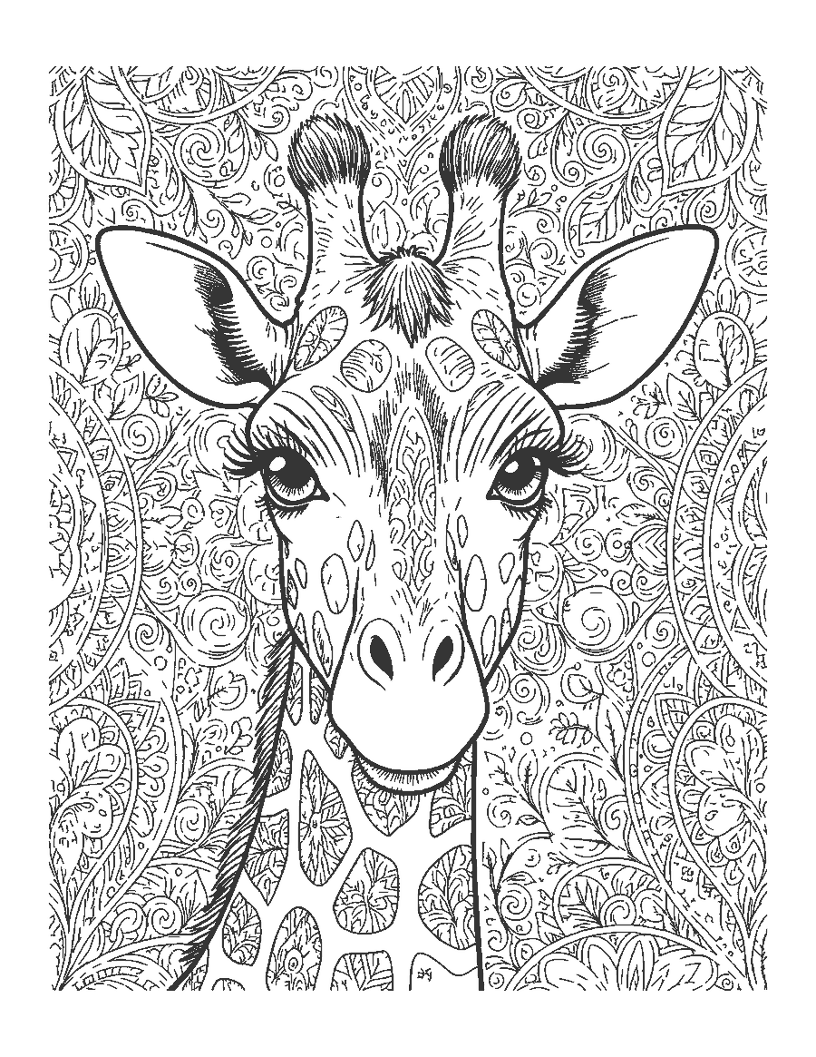 Line drawing close-up of a giraffe's head with long eyelashes and detailed patches