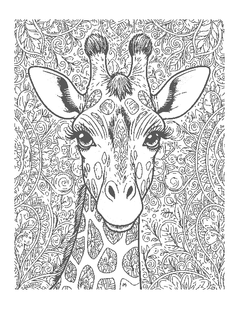 Line drawing close-up of a giraffe's head with long eyelashes and detailed patches