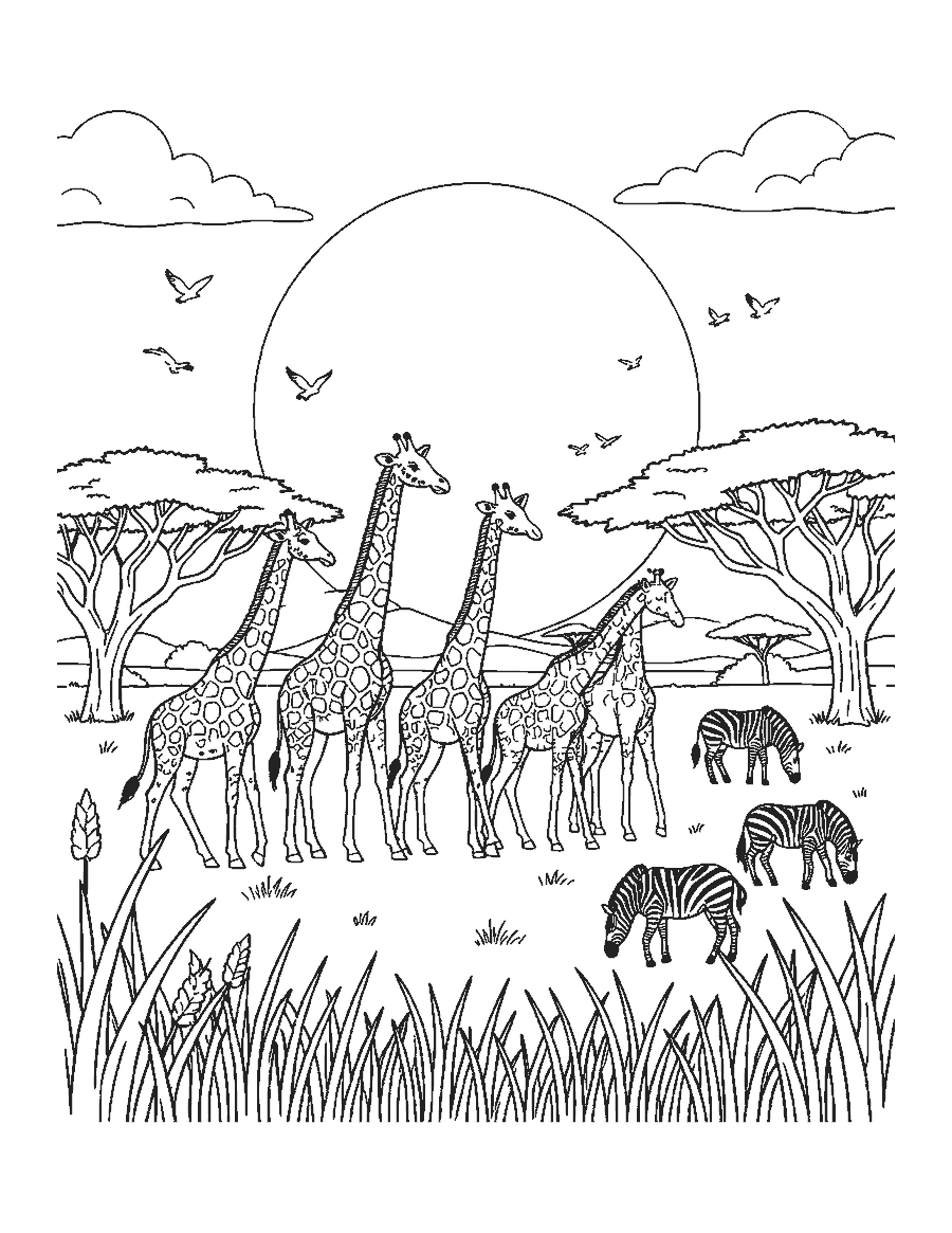 Line drawing of a group of giraffes walking across the savanna in front of a setting sun