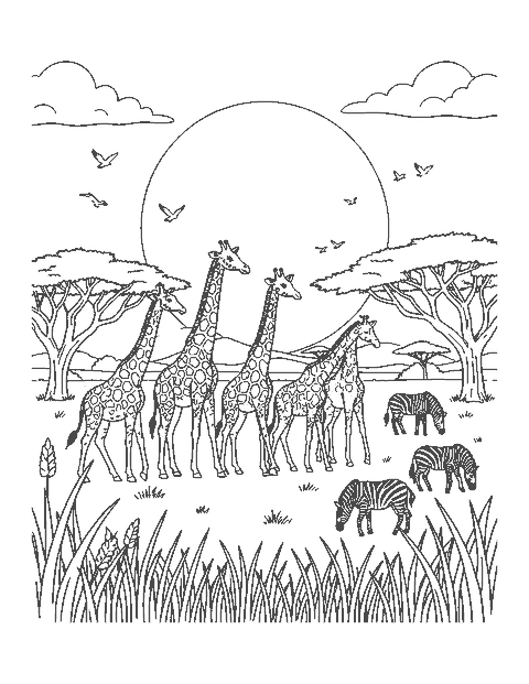 Line drawing of a group of giraffes walking across the savanna in front of a setting sun