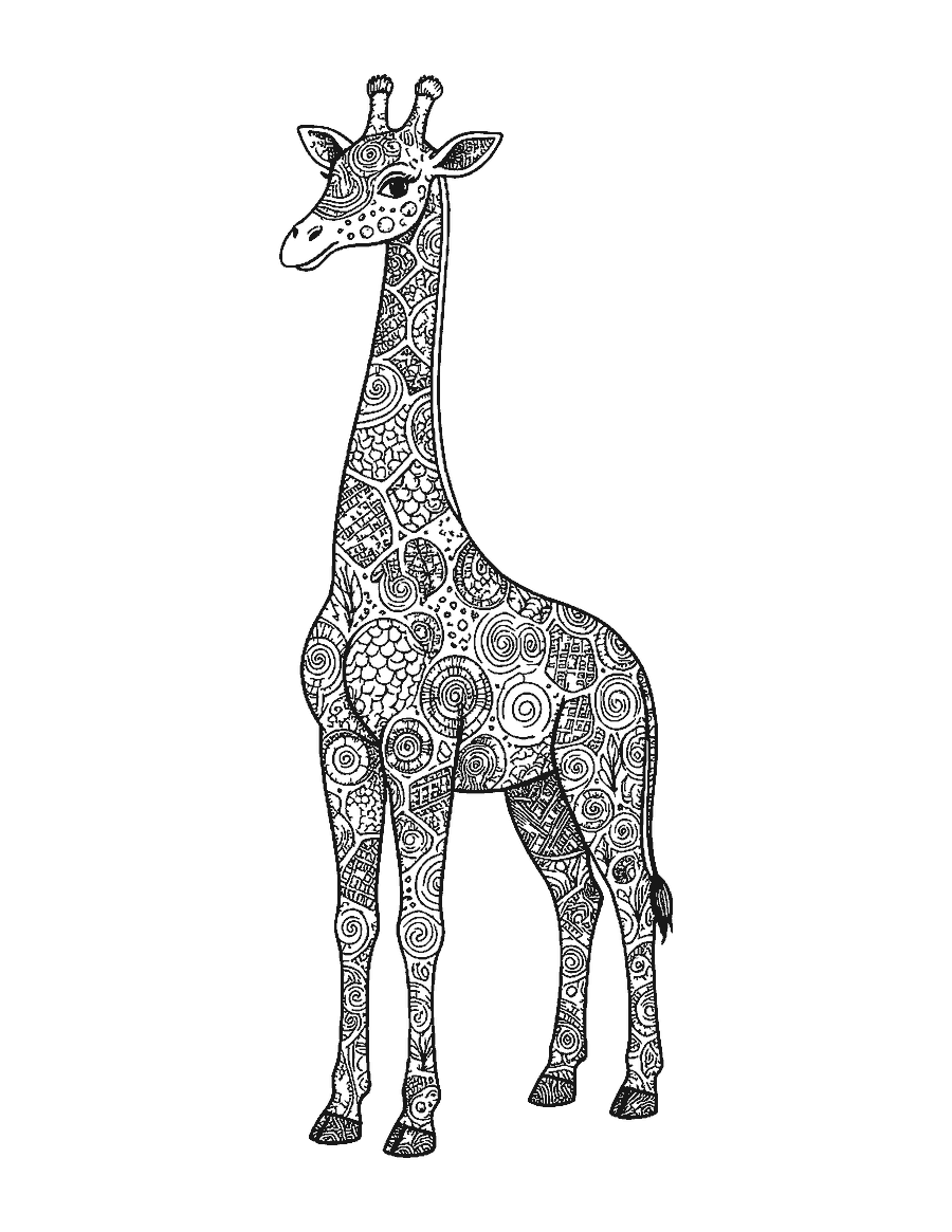 Line drawing of a giraffe whose spots are each filled with a different doodle pattern