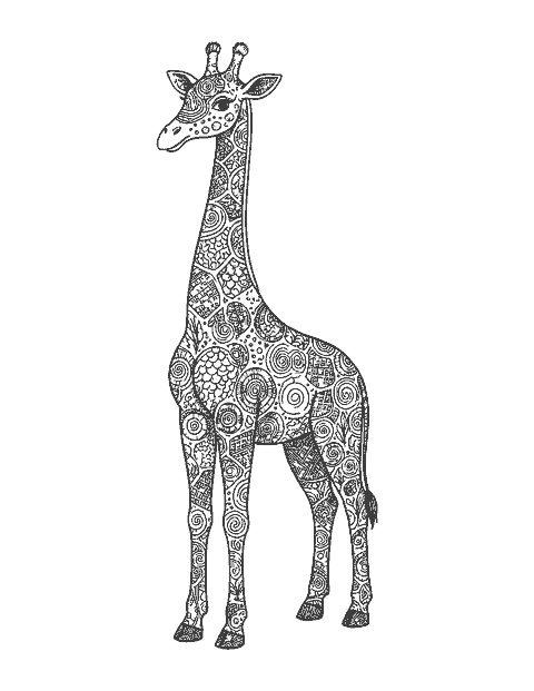 Line drawing of a giraffe whose spots are each filled with a different doodle pattern