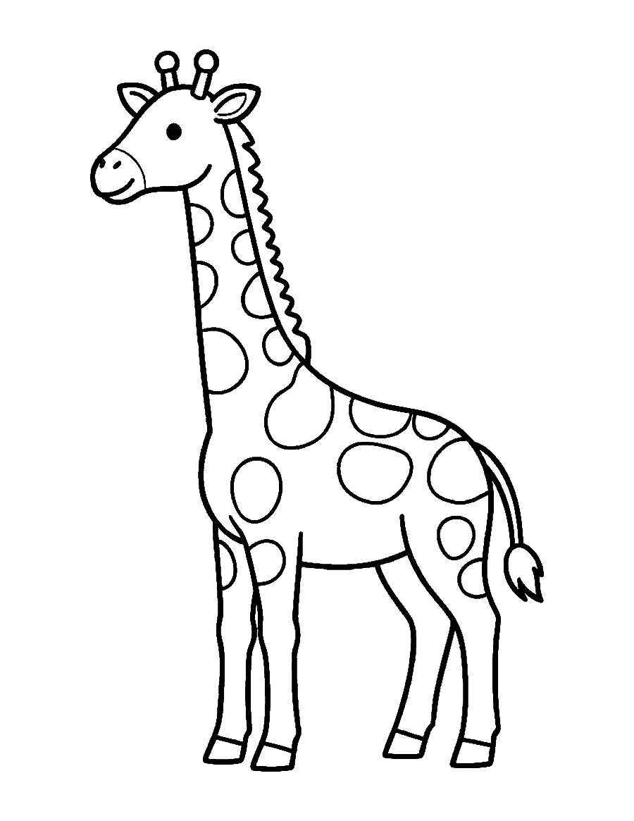 Line drawing of a tall spotted giraffe standing side-on with a long neck