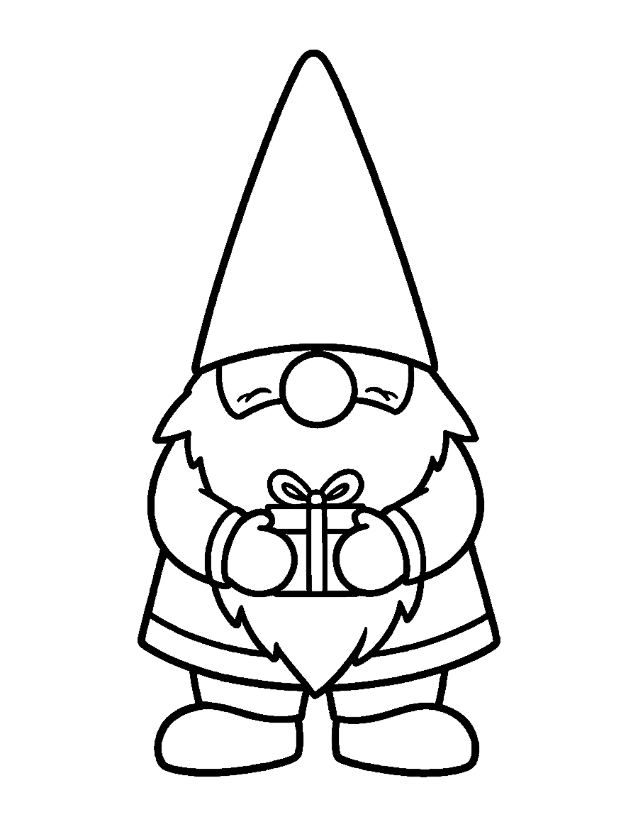 Line drawing of a Christmas gnome with a long beard holding a wrapped present