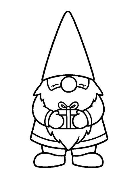 Line drawing of a Christmas gnome with a long beard holding a wrapped present