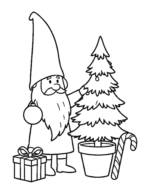 Line drawing of a gnome hanging an ornament on a small Christmas tree beside a gift