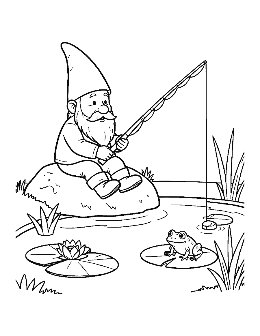 Line drawing of a gnome fishing from a mossy rock beside a lily pond with a frog