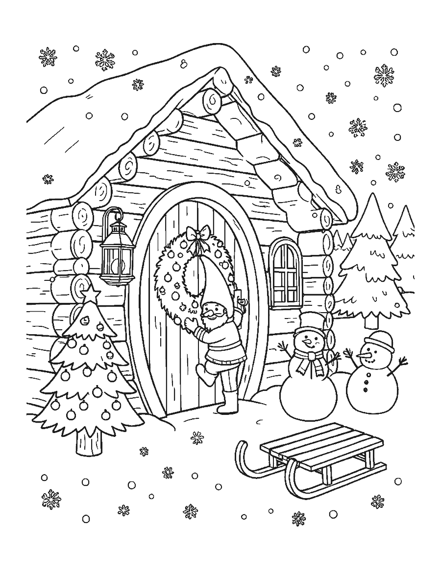 Line drawing of a gnome hanging a wreath on the door of a snowy log cottage