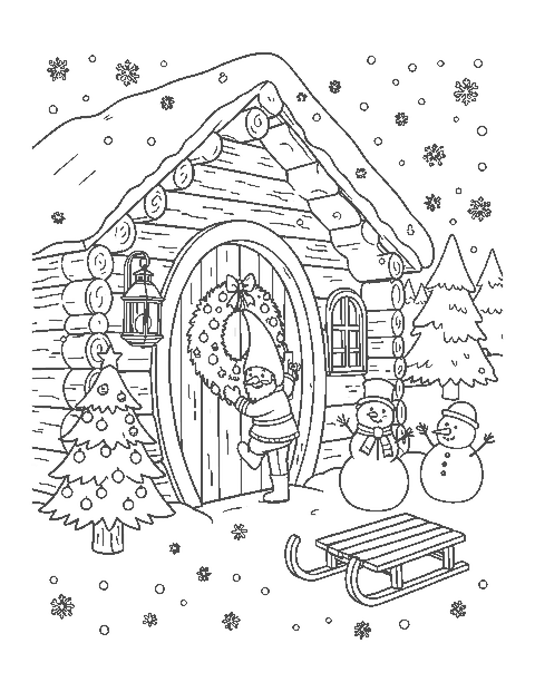 Line drawing of a gnome hanging a wreath on the door of a snowy log cottage