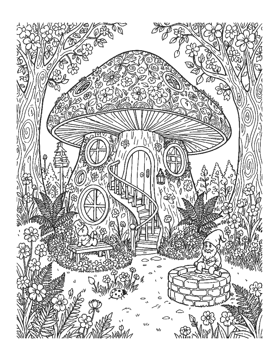 Line drawing of a gnome cottage in a giant toadstool surrounded by a blooming garden