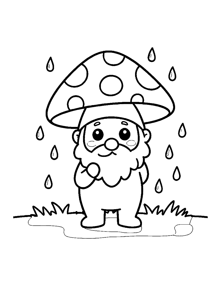 Line drawing of a kawaii gnome holding a spotted toadstool like an umbrella in the rain