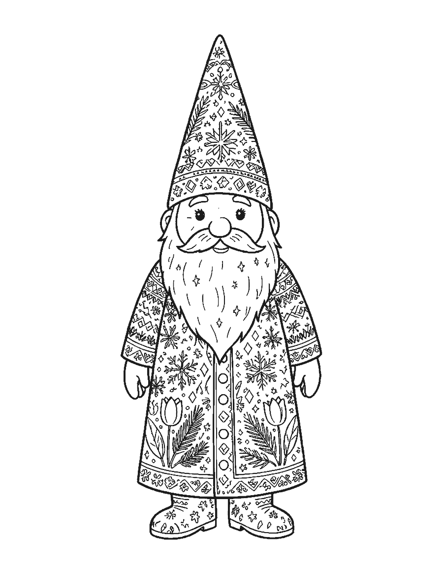 Line drawing of a tall Christmas gnome filled with Nordic folk-art patterns