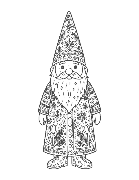 Line drawing of a tall Christmas gnome filled with Nordic folk-art patterns