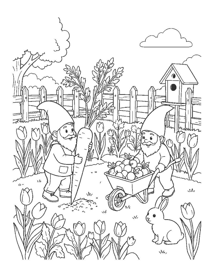 Line drawing of two gnomes pulling a giant carrot and pushing a wheelbarrow in a garden