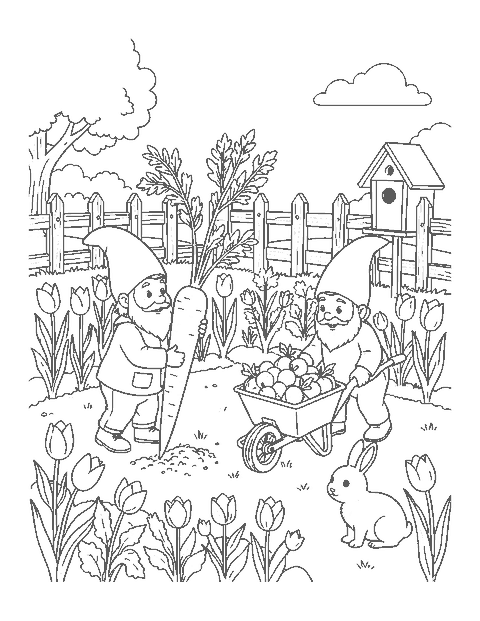 Line drawing of two gnomes pulling a giant carrot and pushing a wheelbarrow in a garden