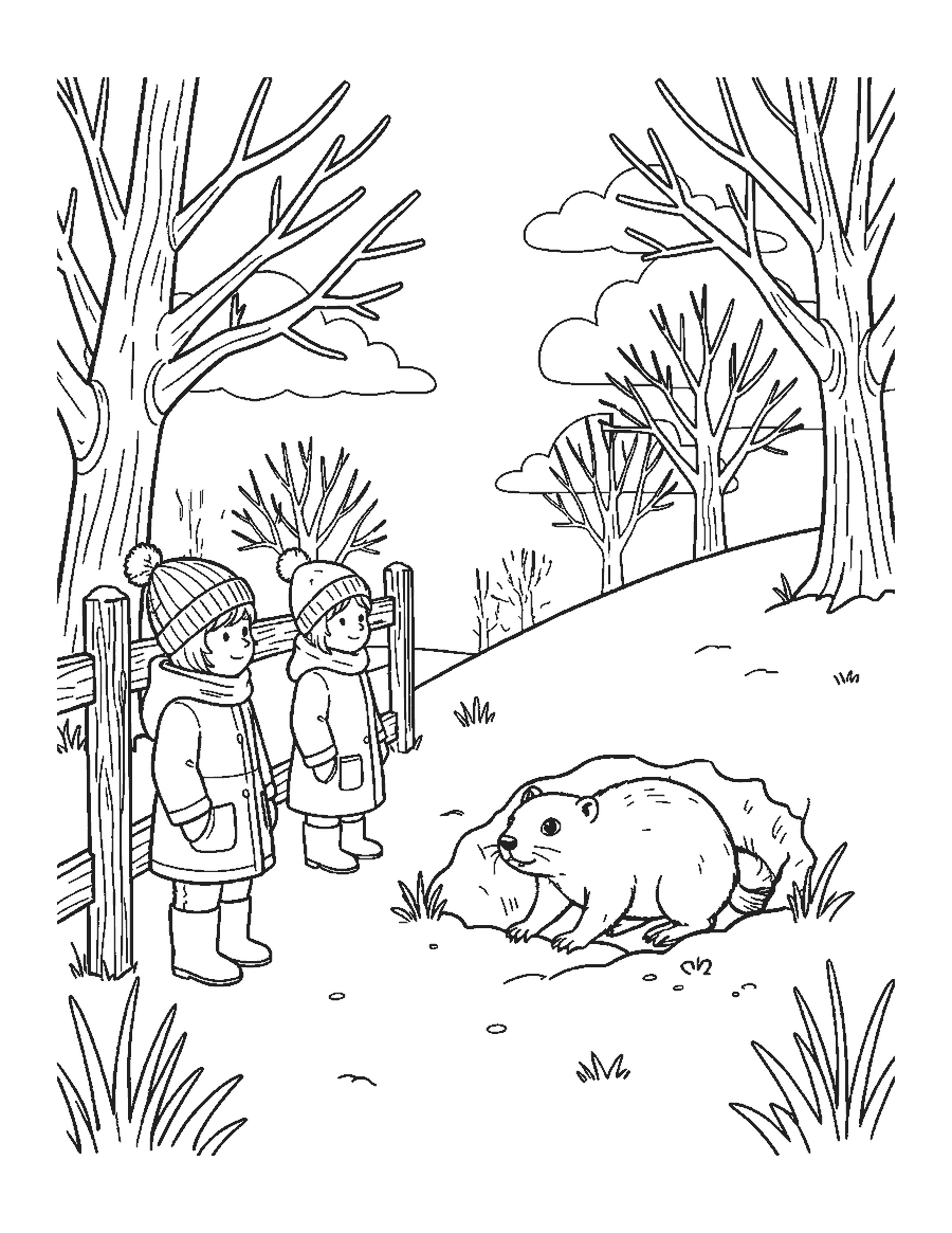 Line drawing of two children by a fence watching a groundhog pop out of its burrow on a snowy hill