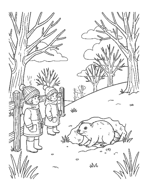 Line drawing of two children by a fence watching a groundhog pop out of its burrow on a snowy hill