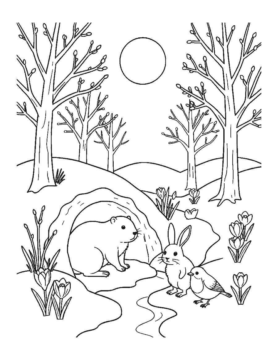 Line drawing of a groundhog, a rabbit and a robin among crocuses and melting snow