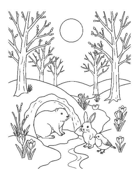 Line drawing of a groundhog, a rabbit and a robin among crocuses and melting snow