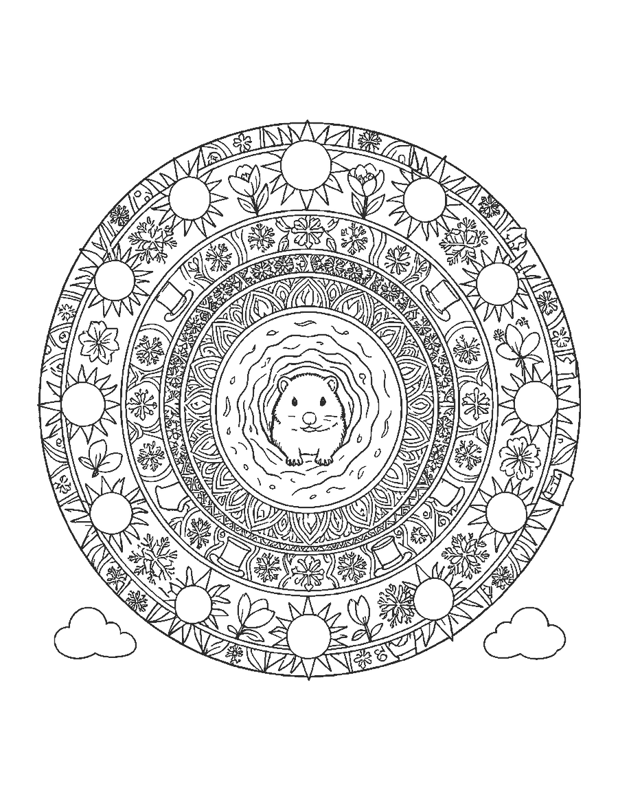 Line drawing of a mandala with a groundhog center and rings of suns, snowflakes and crocuses