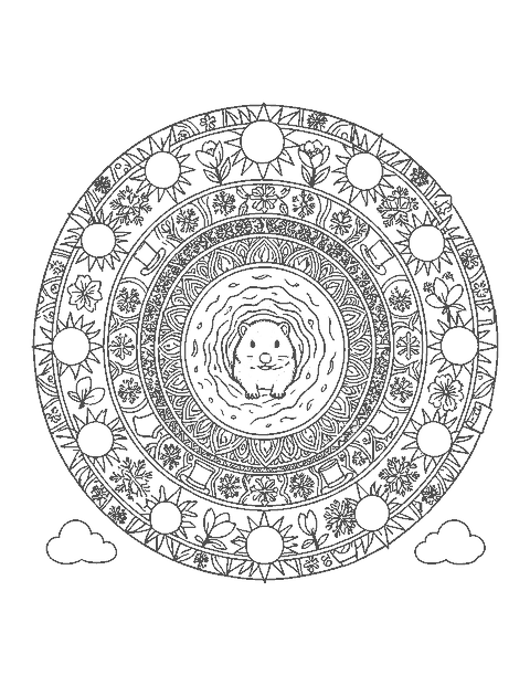 Line drawing of a mandala with a groundhog center and rings of suns, snowflakes and crocuses