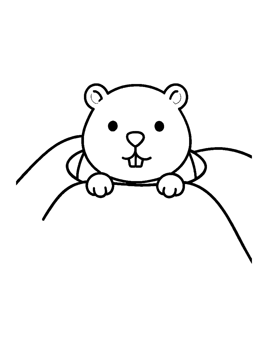 Line drawing of a groundhog peeking out of a burrow hole in a snowy mound