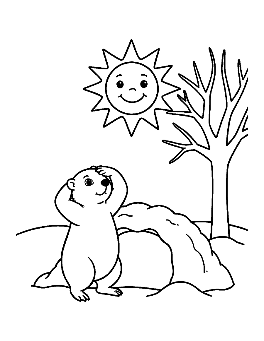 Line drawing of a groundhog shading its eyes under a smiling sun beside its snowy burrow