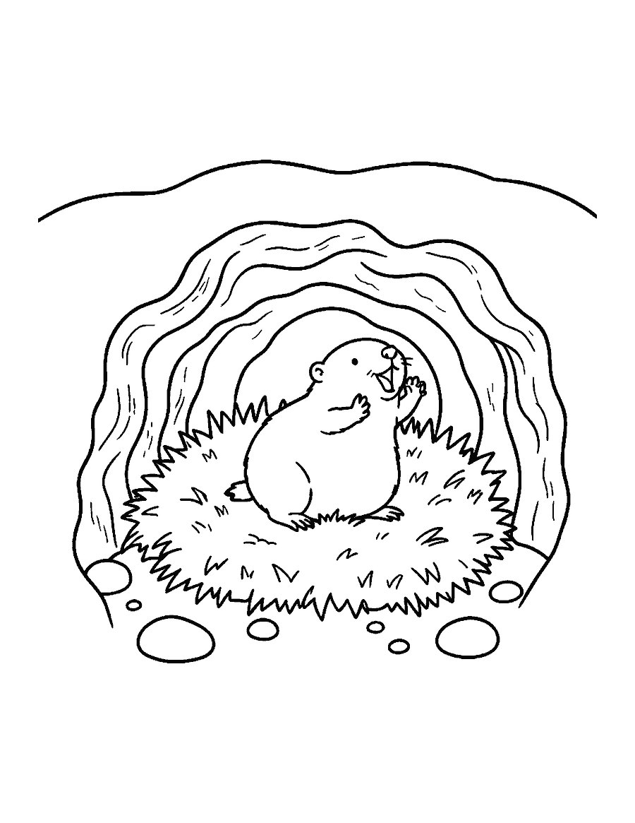 Line drawing of a groundhog stretching awake in a cutaway burrow under snowy ground