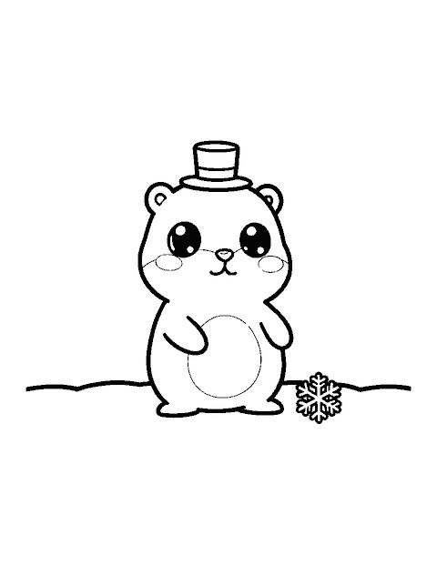 Line drawing of a cute chibi groundhog sitting up and wearing a tiny top hat