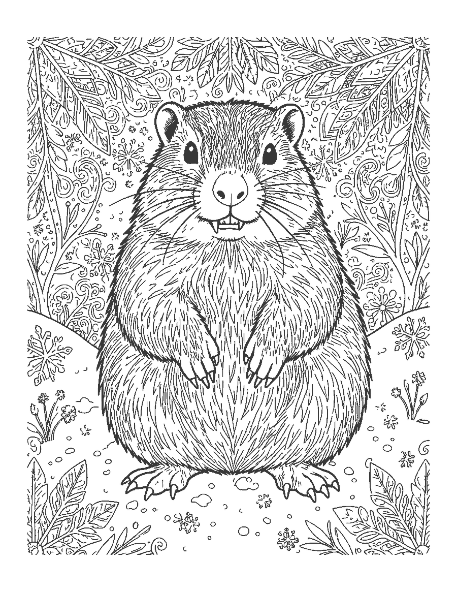 Line drawing of a realistic groundhog sitting upright in the snow with thick grizzled fur