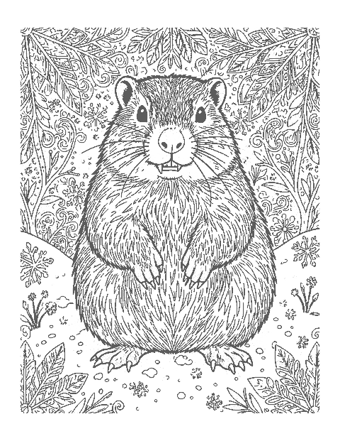 Line drawing of a realistic groundhog sitting upright in the snow with thick grizzled fur