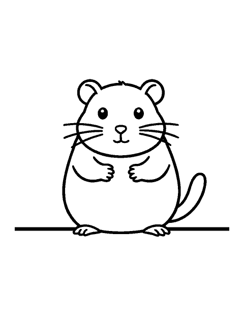 Line drawing of a chubby hamster sitting up with its cheek pouches stuffed full