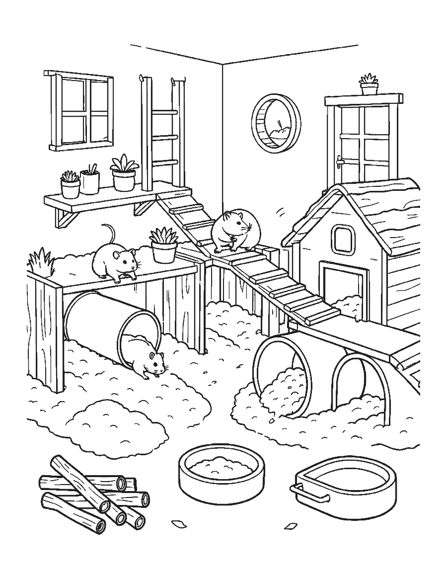Line drawing of a hamster in a roomy home with tunnels, a wheel, a bridge and a hideout