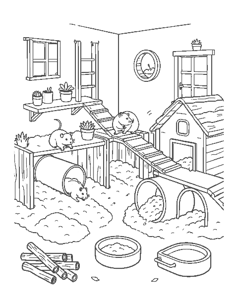 Line drawing of a hamster in a roomy home with tunnels, a wheel, a bridge and a hideout