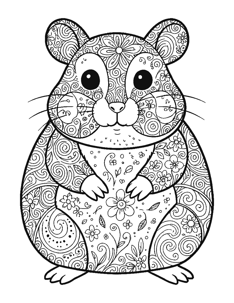 Line drawing of a round hamster with stuffed cheeks filled with doodle patterns