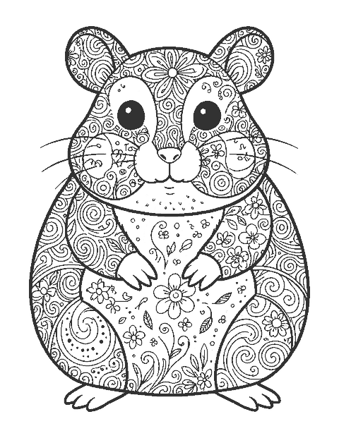 Line drawing of a round hamster with stuffed cheeks filled with doodle patterns