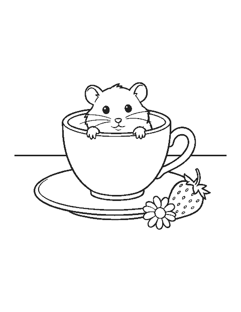 Line drawing of a tiny hamster peeking out of a teacup beside a strawberry