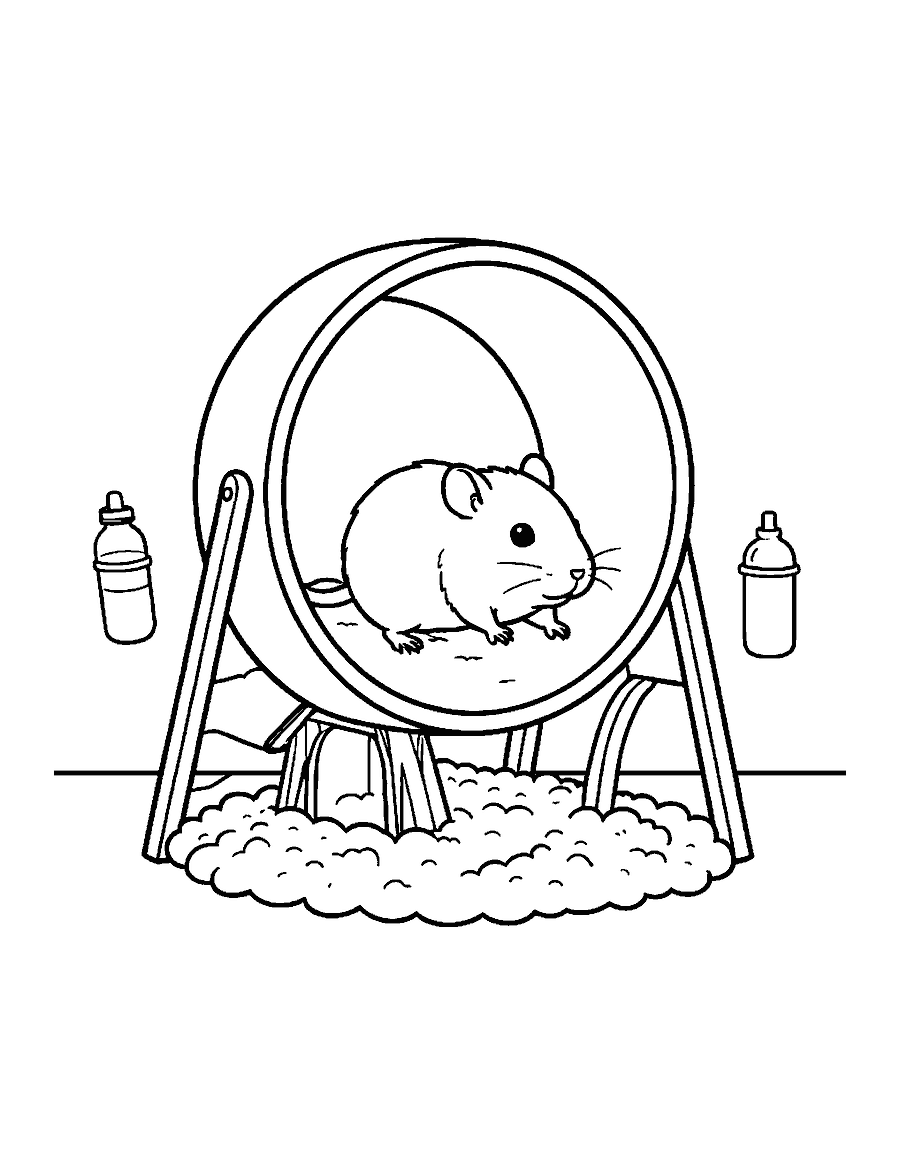 Line drawing of a hamster running in a large wheel beside a wooden hideout