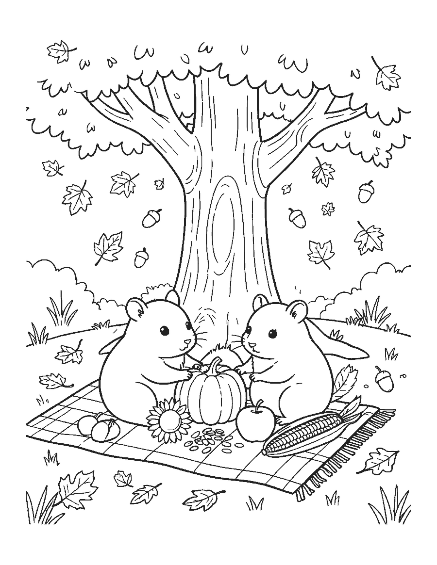 Line drawing of two hamsters having a fall picnic with a tiny pumpkin, corn and acorns